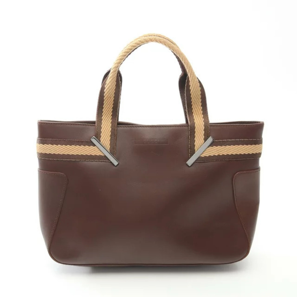 Gucci brown leather tote bag web stripe accents across handles